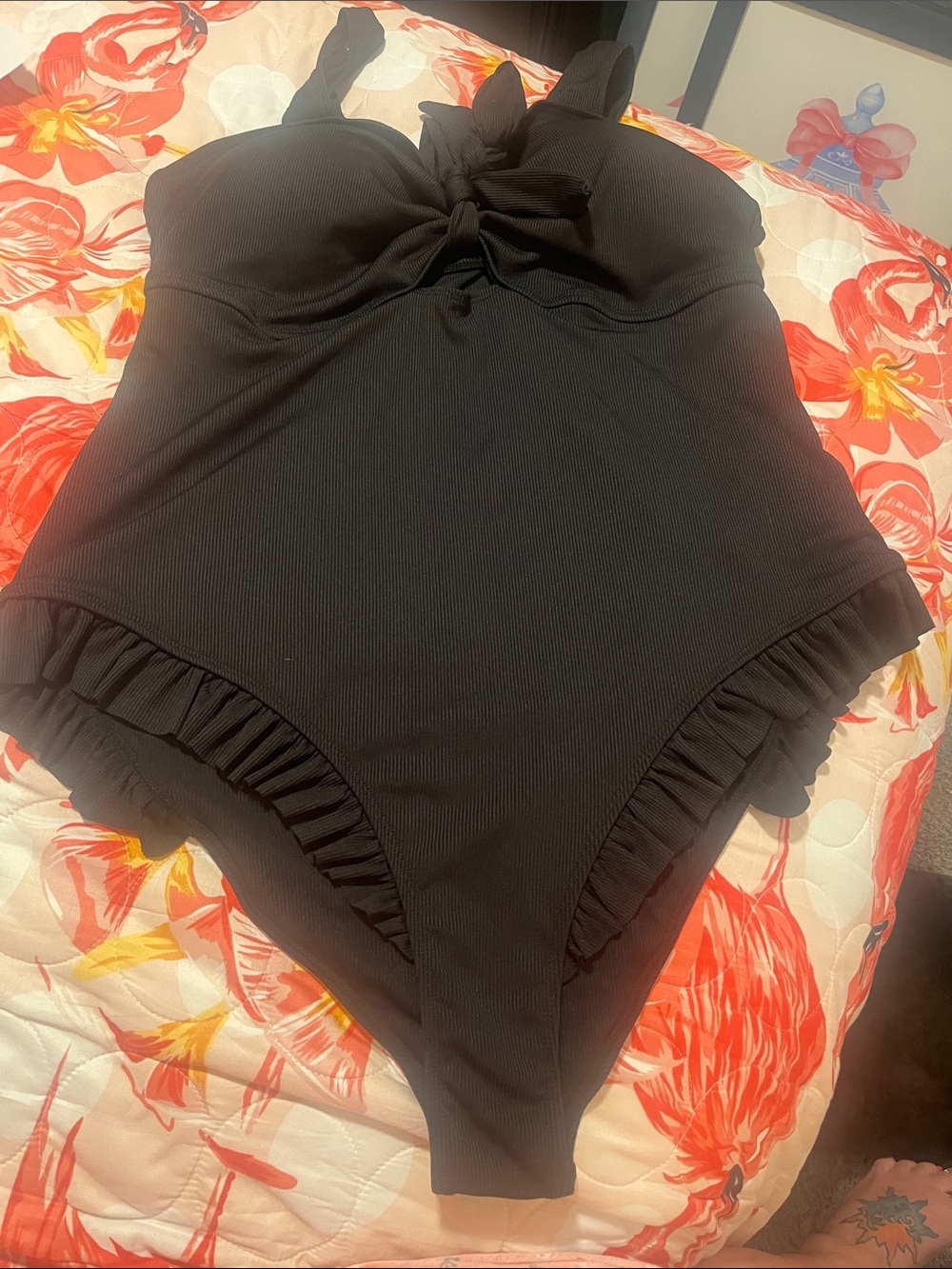 Womens Black Ruffle One-Piece Swimsuit